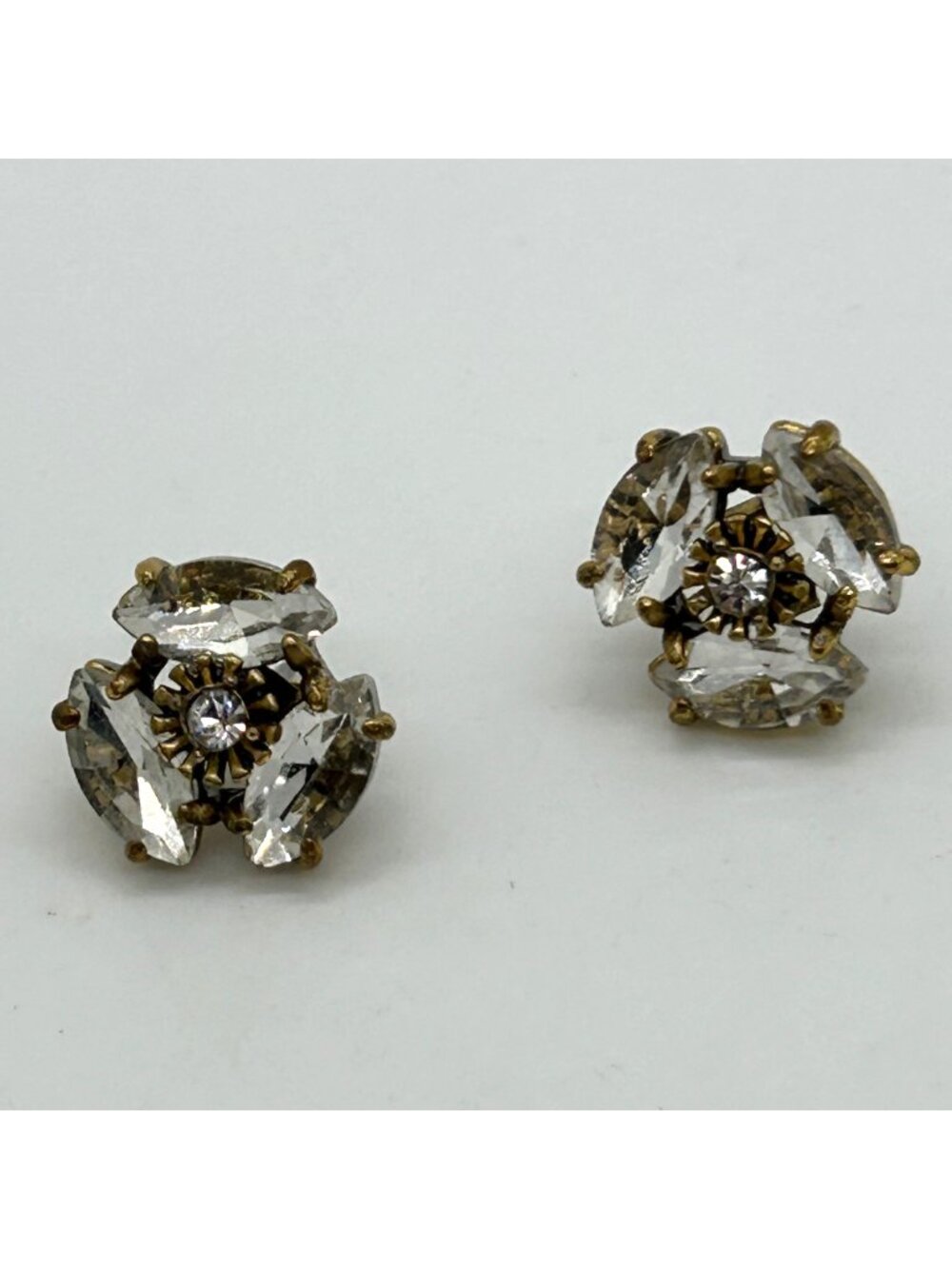 J Crew Style Pierced Earrings Clear Acrylic Rhinestone Marquise Floral Cluster S